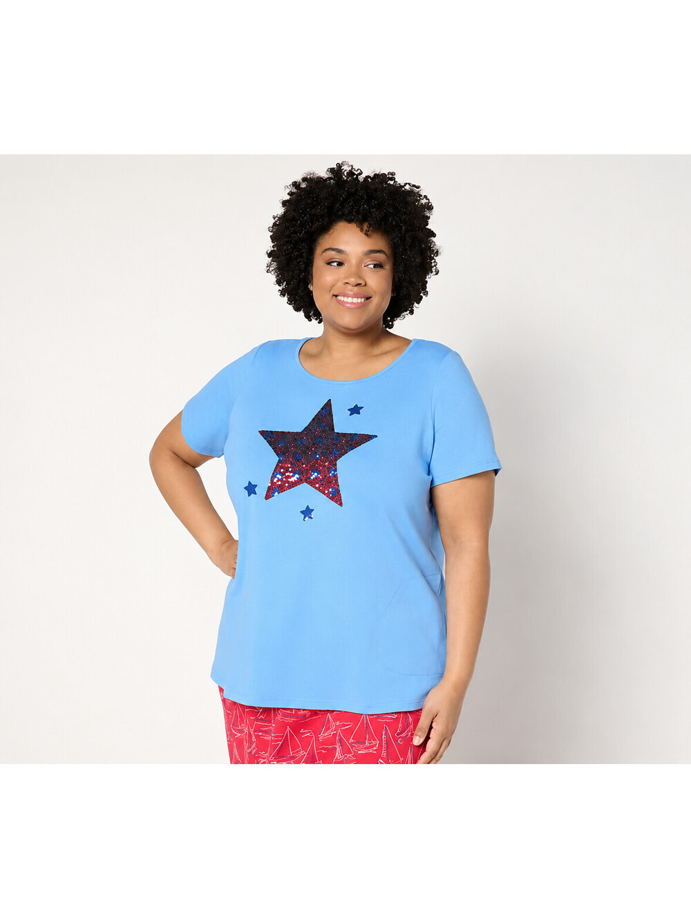 Quacker Factory Star Spangled Short Sleeve French Terry Top Blue Bonnet, Large